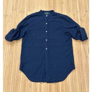 LAUREN RALPH LAUREN - Women's Blue Floral Eyelit Long Sleeve Shirt -Size Medium